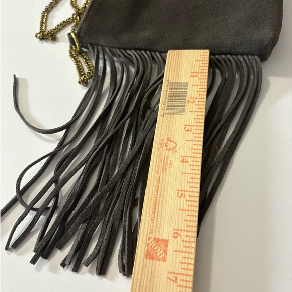 Chic Gray Suede Leather Gold Chain Crossbody Bag with Fringe on Both Sides. - Picture 8 of 15